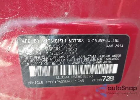 2014 Mitsubishi Mirage Es z USA, uszkodzony, nr VIN ML32A4HJ6EH018590